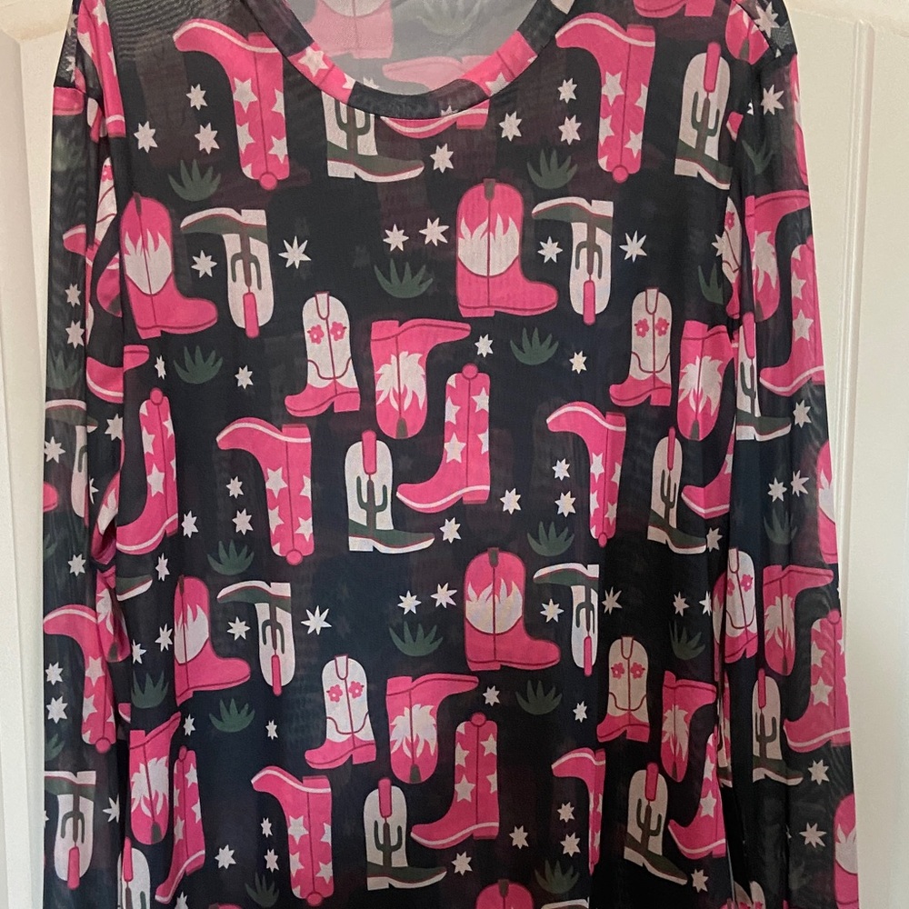 Pink and Black Cowboy Boot Print Top